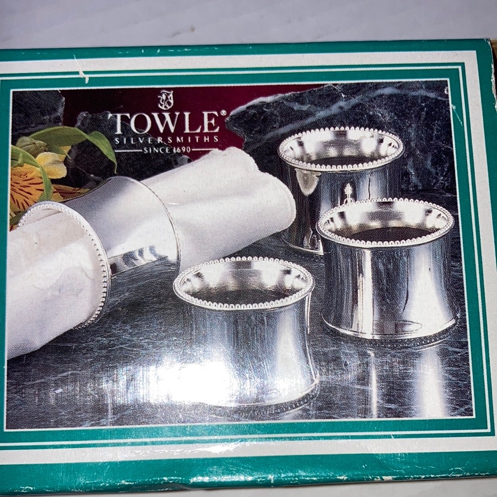 TOWLE Silver Plated Beaded Engravable Napkin Rings Set of 4